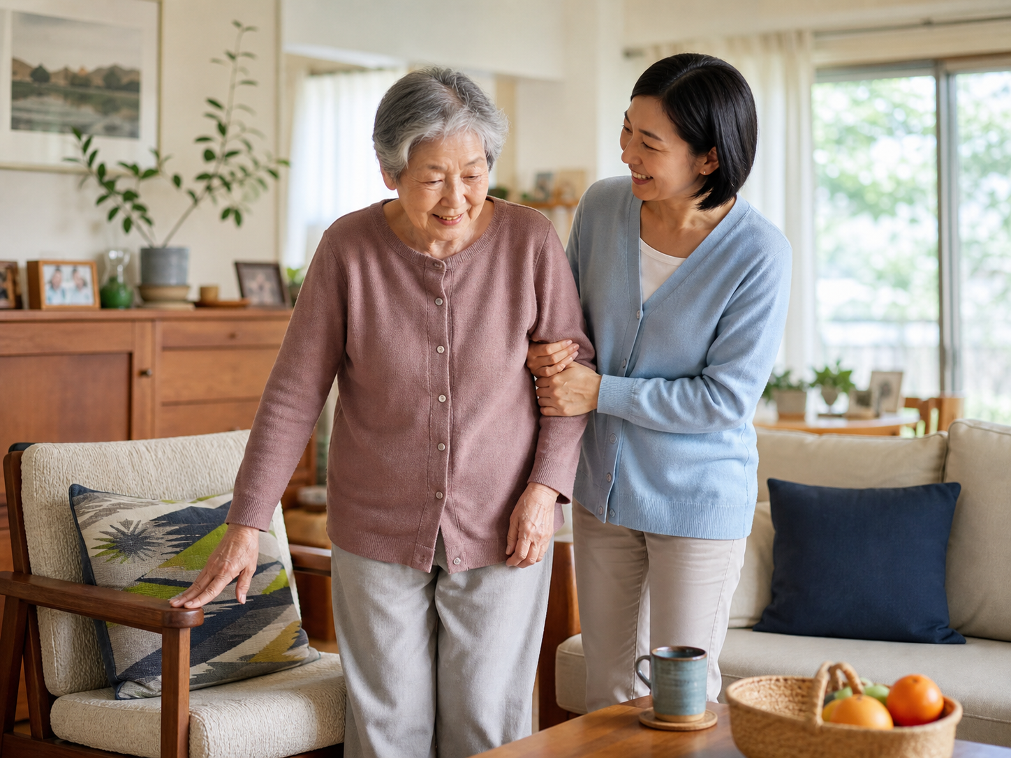 A caregiver helping an elderly Asian woman at home