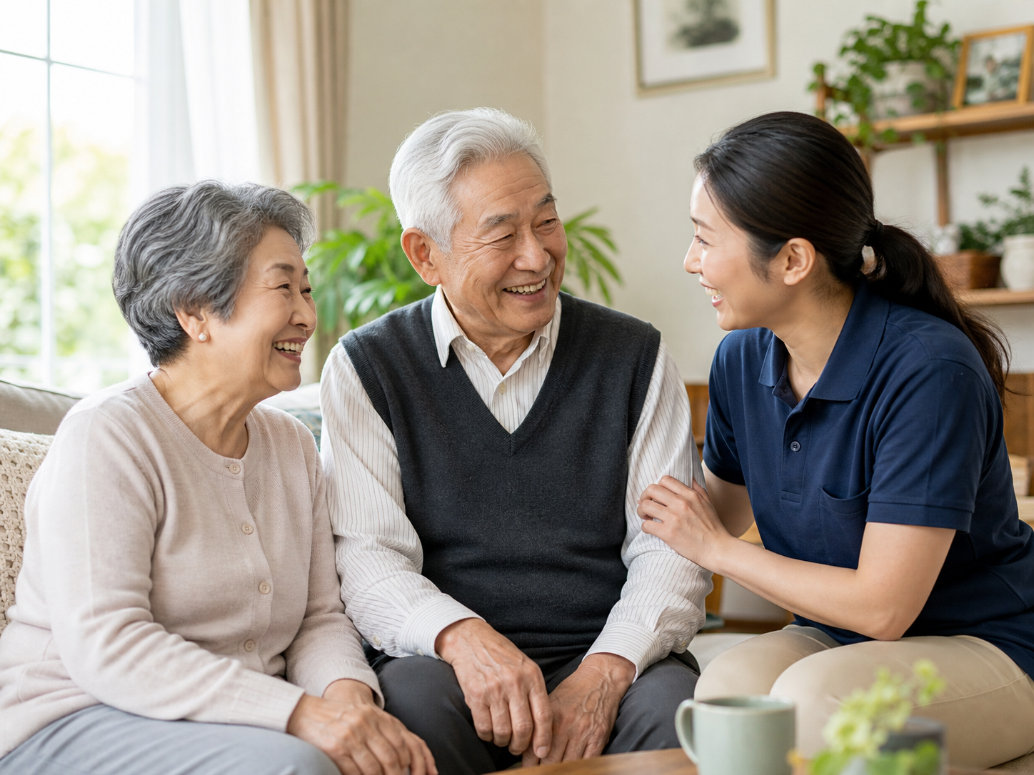 A happy elderly Asian couple with a caregiver at home